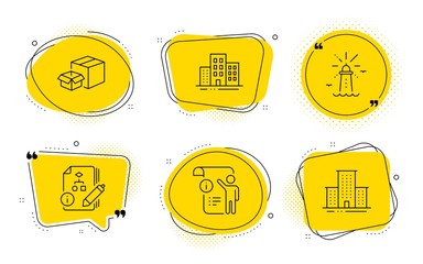 Wall Mural - Packing boxes, Lighthouse and University campus signs. Chat bubbles. Manual doc, Buildings and Algorithm line icons set. Project info, Town apartments, Project. Delivery box. Industrial set. Vector