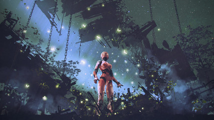 fantastic scenery of the red robot standing alone in machinery graveyard, digital art style, illustr