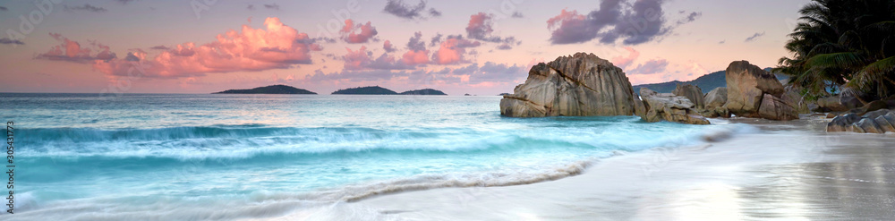 Seychellen Strand Panorama - obrazy, fototapety, plakaty 
