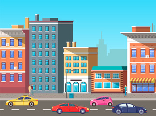 Wall Mural - Urban landscape with modern infrastructure, buildings and busy road with cars and vehicles. City transport, traffic on street. Cityscape with houses facades. Highway with colorful cars. Flat cartoon