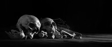 Skulls With Pile Bone Front Dark Background And On Black Cloth Floor