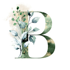 Floral alphabet, letter B with watercolor flowers, leaf and gold splashes. Monogram initials perfectly for design wedding invitations, greeting card, logo. Holiday decoration hand painting.