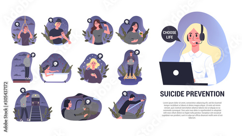 Cuadros en Lienzo Vector illustratiion of diffrent suicide methods set. Sad people