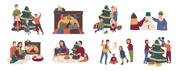 Bundle of people preparing for and celebrating winter holidays. Men, women and children decorating Christmas tree, serving festive table, sitting beside fireplace. Flat cartoon vector illustration.