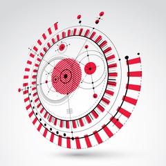 Fototapete - Technical blueprint, red vector digital background with geometric design elements, circles. 3d illustration of engineering system, perspective abstract technological backdrop.