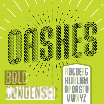 Vector condensed upper case modern alphabet letters set. Rounded bold retro font, typescript can be used as logo design element. Created using dashes, parallel lines.