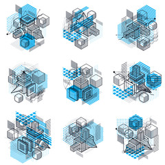 Poster - Abstract vector backgrounds with isometric lines and shapes. Cubes, hexagons, squares, rectangles and different abstract elements. Vector collection.