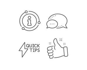 Poster - Quick tips line icon. Chat bubble, info sign elements. Helpful tricks sign. Tutorials with lightning or energy symbol. Linear quickstart guide outline icon. Information bubble. Vector
