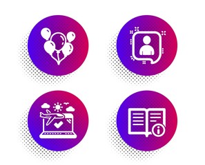Poster - Developers chat, Airplane travel and Balloons icons simple set. Halftone dots button. Technical info sign. Manager talk, Check in, Air balloons. Documentation. Business set. Vector