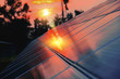 Panels of the solar energy plant with sun flare hitting the surface - clean energy concept - Image
