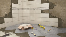 Laying Tiles On Walls And Floor, 3d Illustration