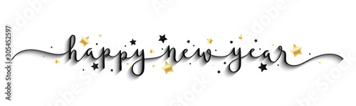Fotografía HAPPY NEW YEAR black and gold vector brush calligraphy banner with swashes and s