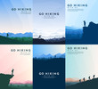 Vector brochure cards set. Travel concept of discovering, exploring and observing nature. Hiking. Adventure tourism. Flat design template of flyer, magazine, book cover, banner, invitation, poster. 