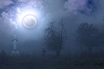 Wall Mural - Misty cemetery under the full moon