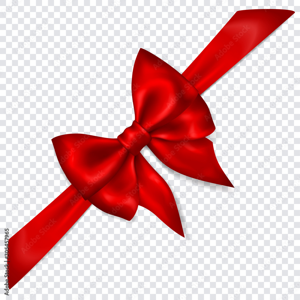 Beautiful red bow with diagonally ribbon with shadow on transparent ...
