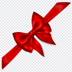 Wall Mural - Beautiful red bow with diagonally ribbon with shadow on transparent background. Transparency only in vector format