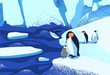 Arctic ice landscape flat vector illustration. Penguins family standing on ice floe. Melting glaciers. Iceberg, snow mountains hills, winter nature beauty. South pole inhabitants cartoon characters.