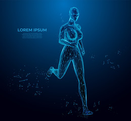 Human body low poly wireframe. Athlete, Running girl from triangles, low poly style. sport concept. human anatomy. Polygonal wireframe mesh art.