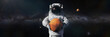 astronaut holding Mars, Phobos and Deimos orbiting the planet