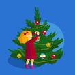 Little cute girl and Christmas tree