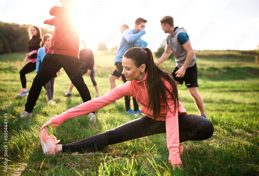 Large group of fit and active people doing exercise in nature, stretching. - obrazy, fototapety, plakaty 