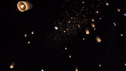 Canvas Print - Lanterns floating in loy krathong night sky Thailand famous festival