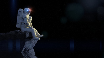 Wall Mural - astronaut sitting on a cliff enjoying the view over an alien world