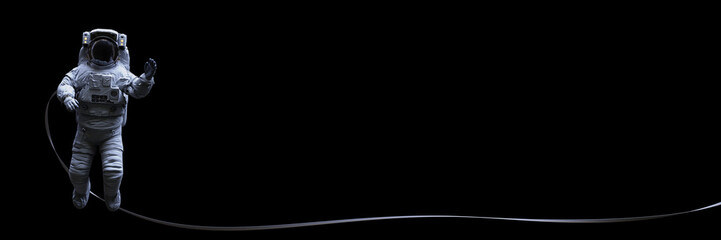 Wall Mural - astronaut with safety tether waving, isolated on black background