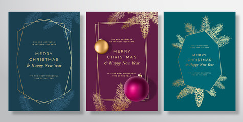 Wall Mural - Christmas Abstract Vector Greeting Cards, Posters or Holiday Backgrounds Bundle. Classy Gold Colors and Typography Set. Soft Shadows Realistic Toy Balls and Sketch Fir-needles with Strobile.