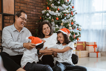 Wall Mural - lovely grandparents and child playing together on christmas day at home