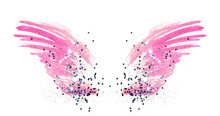 Blue Glitter On Abstract Pink Watercolor Wings On White Background, Beautiful Shiny Feathers