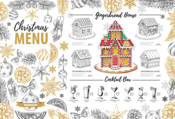 Wall Mural - Christmas menu design with sweet gingerbread house and christmas cocktails