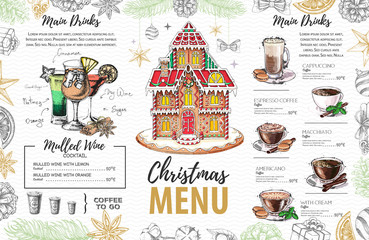 Wall Mural - Christmas menu design with sweet gingerbread house, coffee and christmas cocktails