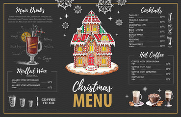 Wall Mural - Christmas menu design with sweet gingerbread house, coffee and christmas cocktails