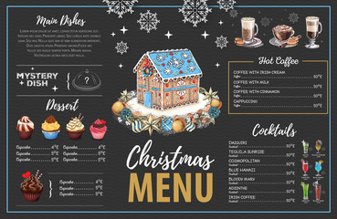 Wall Mural - Christmas menu design with sweet gingerbread house, cupcakes and cocktails