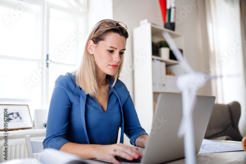 Fotomural Young woman with laptop sitting at the desk indoors in home office, working