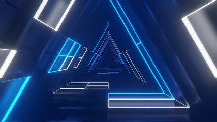 Poster - Endless futuristic tunnel triangular shape with blue and white neon lights