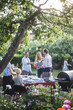 © Maskot - Friends enjoying drink together in garden party while female braiding sister's hair