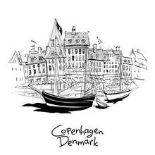 Vector Black And White Sketch Of Nyhavn With Facades Of Old Houses And Old Ships In The Old Town Of Copenhagen, Capital Of Denmark.