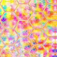 Wall Mural - Grunge textured hexagon pattern background with vibrant colors.