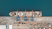 Aerial View Of Beatifully Abstract Container Ship Being Loaded At Malaga Port, Spain