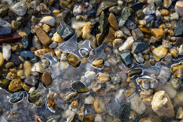 Wall Mural - stones on the shore and the crust of the first ice on the water. first frosts.
