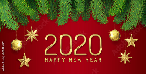 Merry Christmas And Happy New Year 2020 Banner Template Christmas Tree Golden Glitter Balls Hanging Stars And Ribbons Decoration For Flyers Poster Web Banner And Card Vector Illustration Kaufen Sie Diese