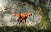 Deinonychus Is A Theropod Dinosaur, A Cousin Of Velociraptor, That Lived During The Cretaceous. Here Depicted With No Feathers In A Dense Jungle. 3D Rendering