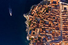 Aerial View Above Of Dubrovnik Old Town Surrounding By Wall, Croatia.