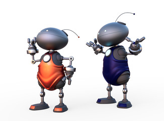 Wall Mural - Small robots couple, female turning back on male. Isolated on white. 3D rendering.