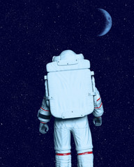 Wall Mural - Astronaut standing and looking at moon and outer space. 3D rendering.