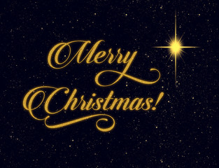 Wall Mural - merry christmas text and christmas star glowing in night sky