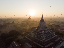 Aerial View Of Hot Balloons Flying Over Bagan Temples In Myanmar.