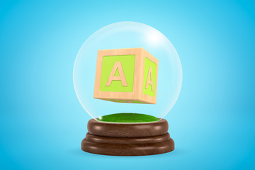 Poster - 3d close-up rendering of ABC block inside glass ball globe on light-blue background.
